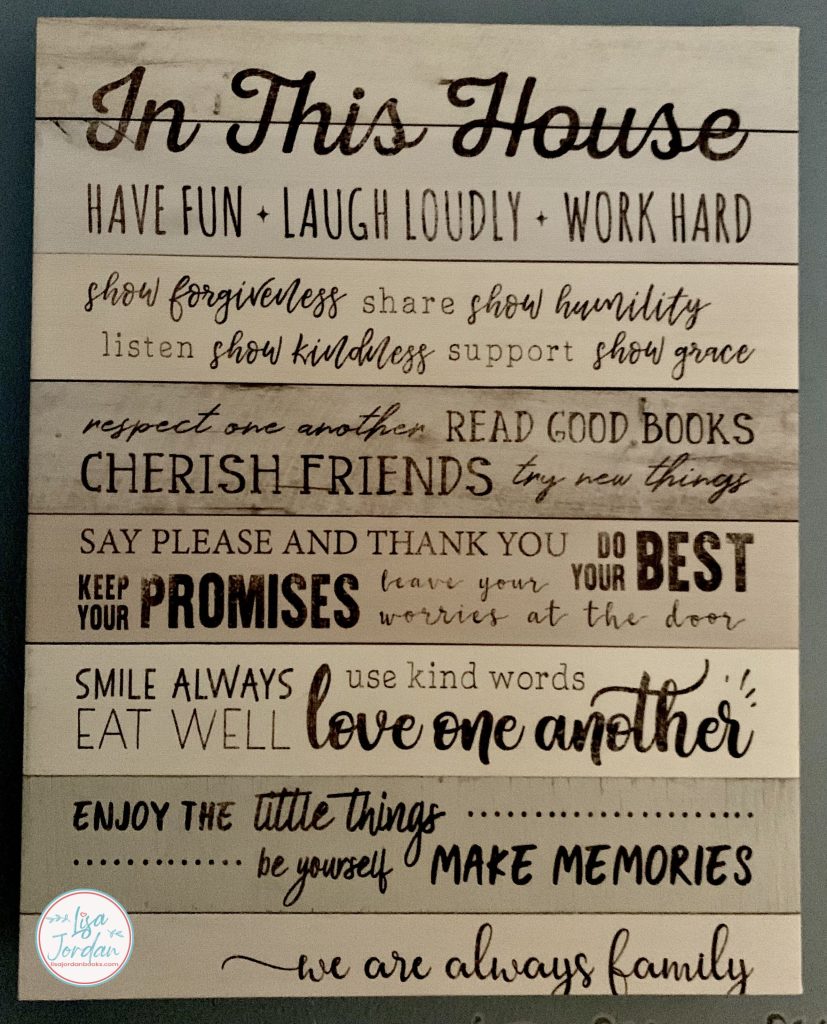 Home decor plaque that lists house rules